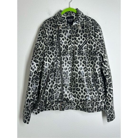 NWT MAN Boohoo Women Animal Print Polyurethane Zip Rein Jacket Size XXL Belted - Picture 1 of 13